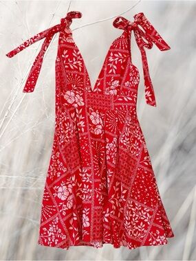 House of Harlow 1960 Red Floral Tie-Shoulder Dress